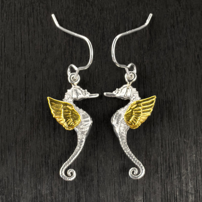 seahorse earrings with gold wings