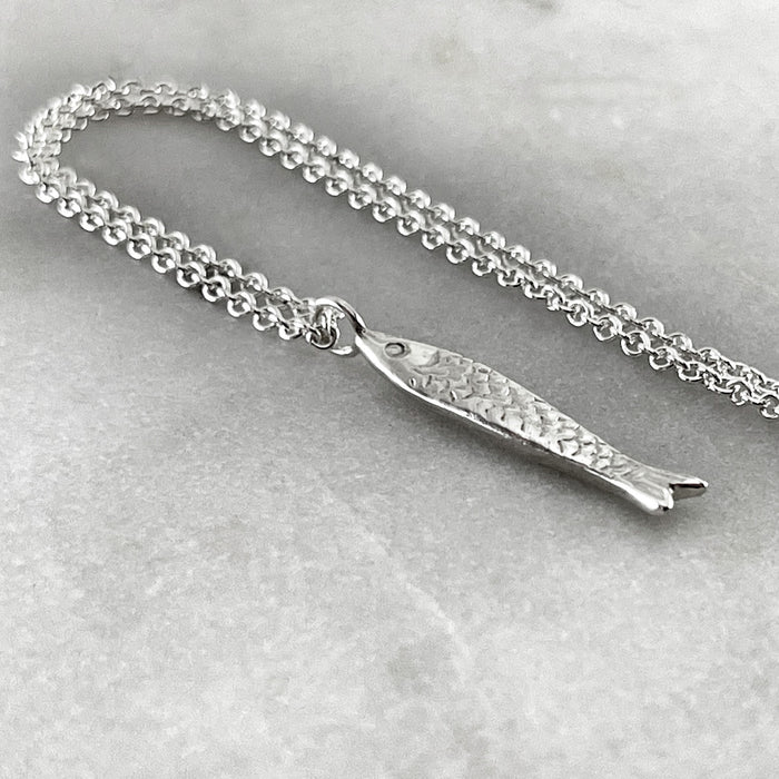 our Silver fish Necklace, Sardine Necklace shown with the trace chain necklace