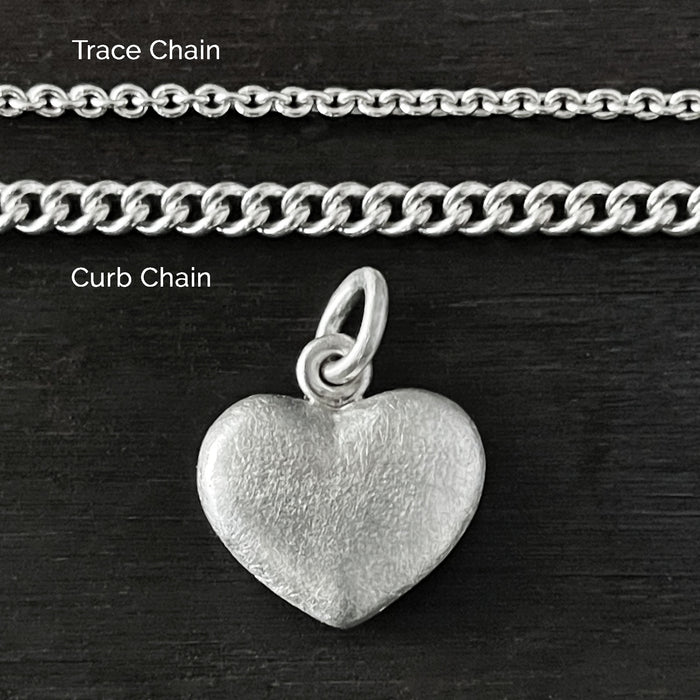 photo of the two different chains available, trace chain and curb chain for the Solid 925 Sterling Silver three dimensional heart pendant