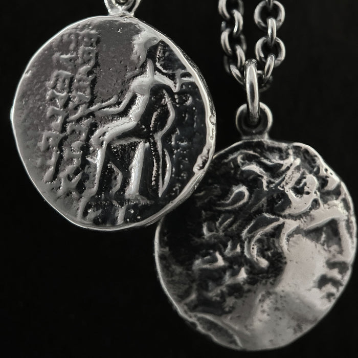 detail photo of Alexander the Great Ancient Greek coin pendant necklace by jewel thief Brighton. shows the front and back of the coin pendant.
