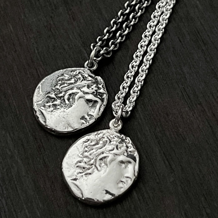 Alexander the Great Ancient Greek coin pendant necklace in polished or oxidised silver finish by jewel thief Brighton.