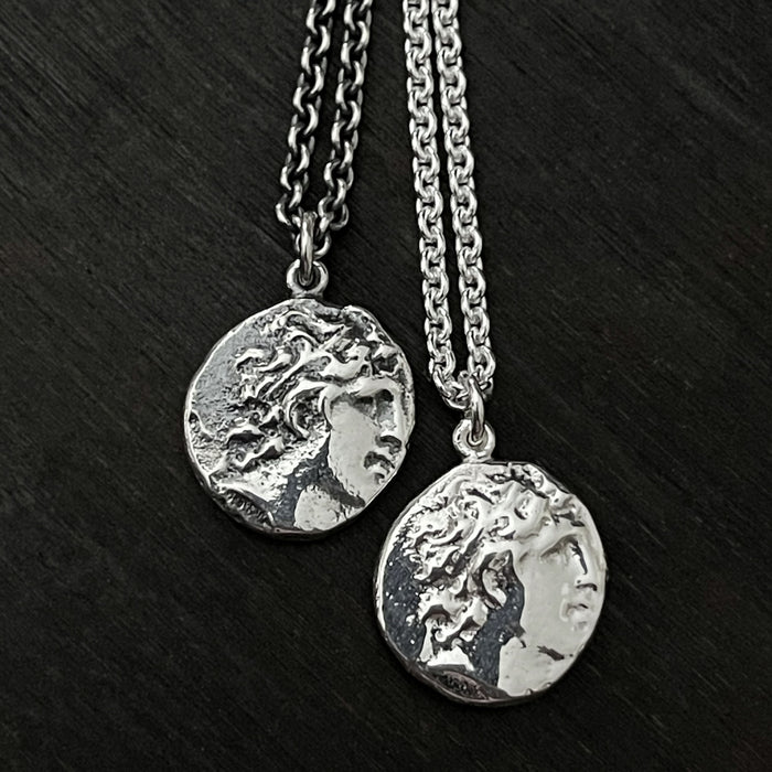 alternative photo of our  Alexander the Great Ancient Greek coin pendant necklace with trace chains in polished or oxidised silver finish, by jewel thief Brighton.