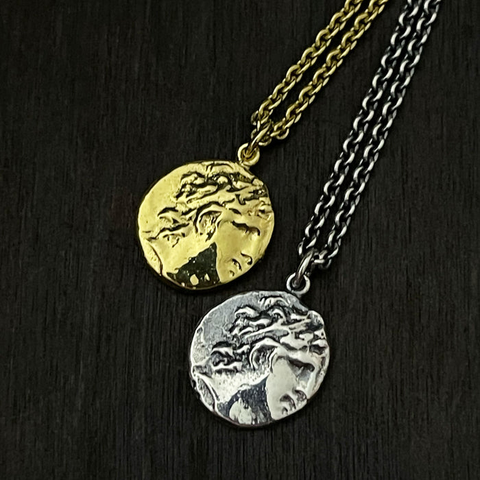 gold plated and oxidised silver Alexander the Great Ancient Greek coin pendant necklace by jewel thief Brighton.