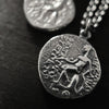 detail photo of the back of our Alexander the Great Ancient Greek coin pendant necklace by jewel thief Brighton.