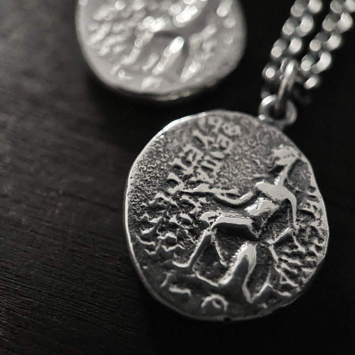 detail photo of the back of our Alexander the Great Ancient Greek coin pendant necklace by jewel thief Brighton.