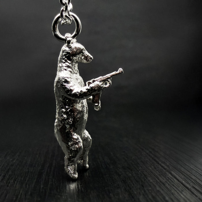 Gun Toting Grizzly Bear Silver Necklace