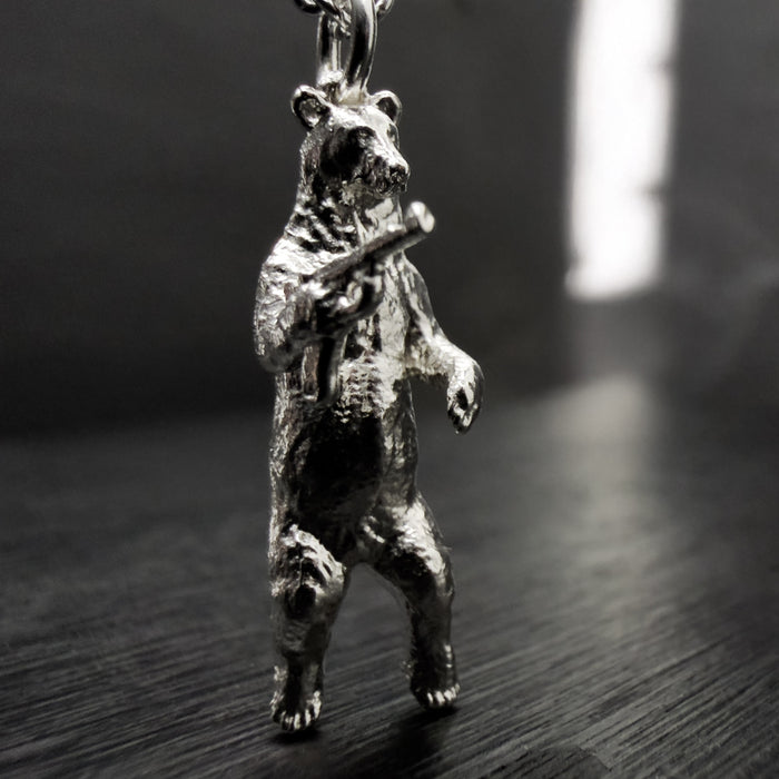 Gun Toting Grizzly Bear Silver Necklace