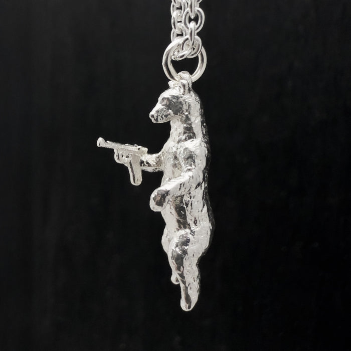 Gun Toting Grizzly Bear Silver Necklace
