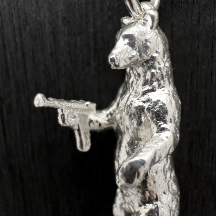 Gun Toting Grizzly Bear Silver Necklace