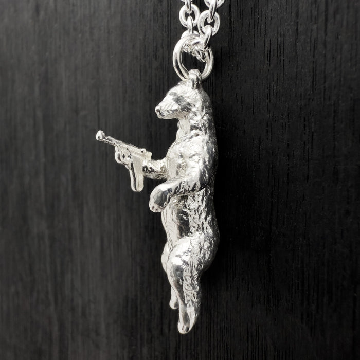 Gun Toting Grizzly Bear Silver Necklace