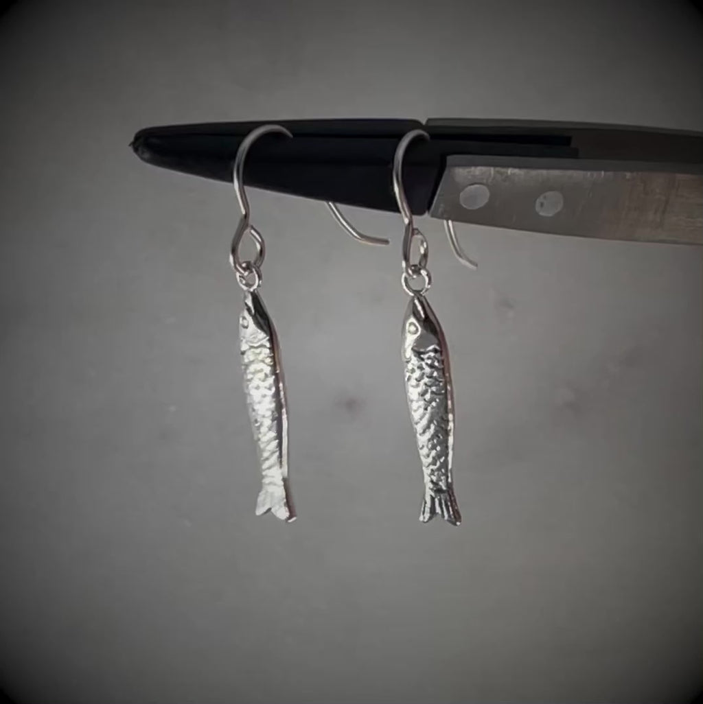 video showing the gold and silver versions of sardine fish hook earrings by jewel thief Brighton.
