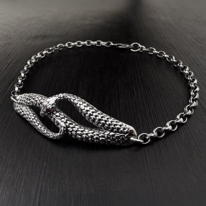 Oxidised Silver Snake Bracelet with Ruby Eyes