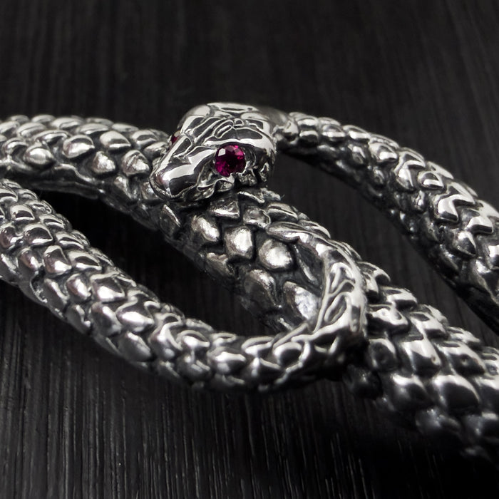 Oxidised Silver Snake Bracelet with Ruby Eyes