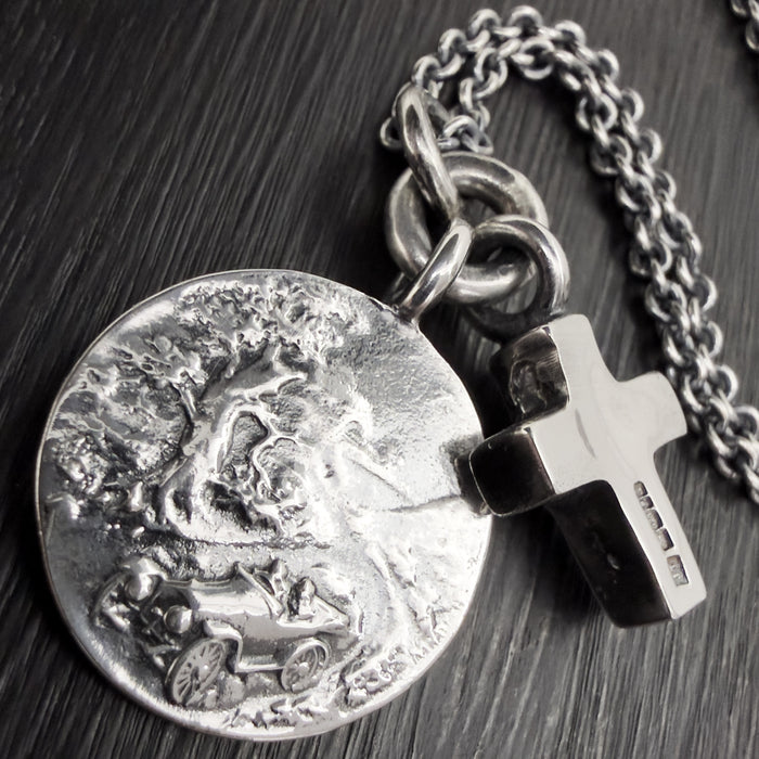Oxidised Sterling Silver St Christopher & Cross Necklace