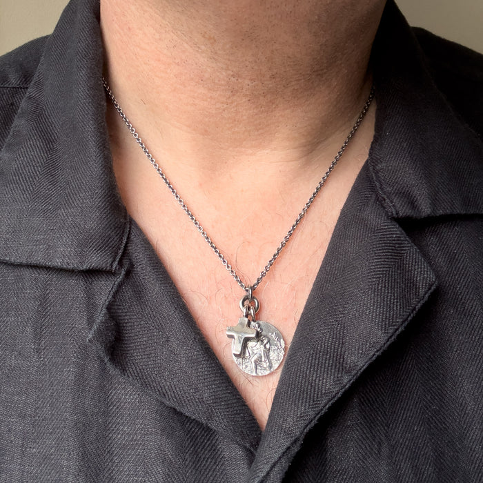 Oxidised Sterling Silver St Christopher & Cross Necklace