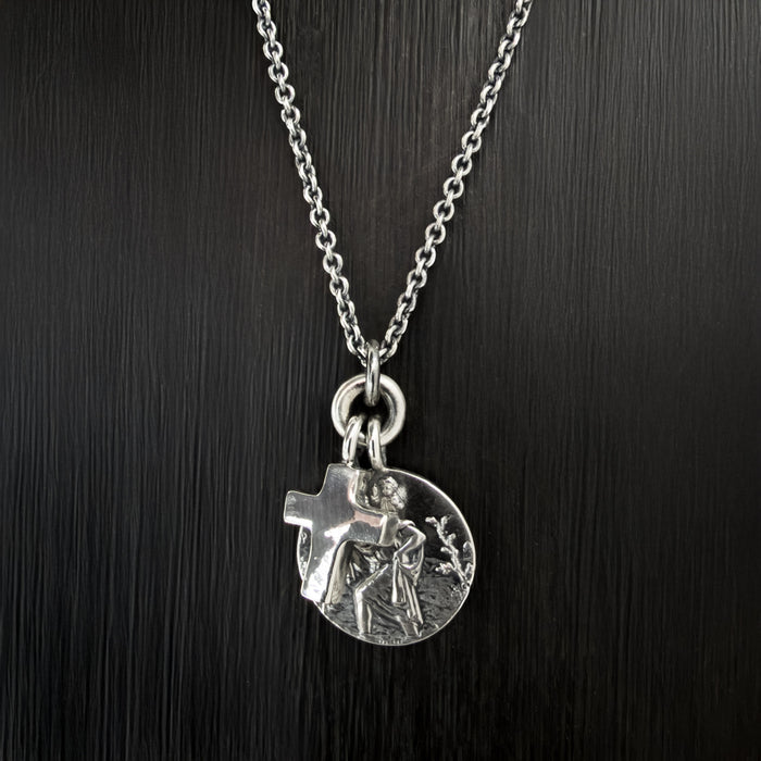 Oxidised Sterling Silver St Christopher & Cross Necklace