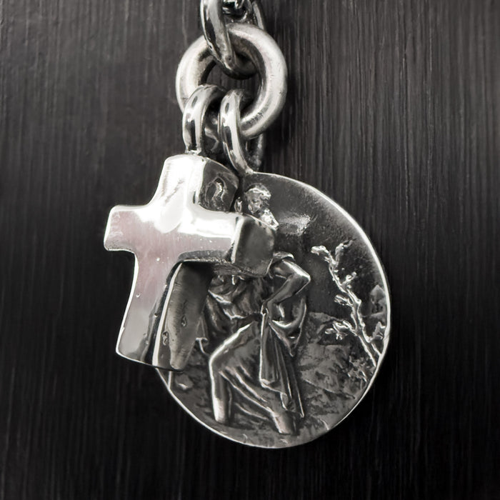 Oxidised Sterling Silver St Christopher & Cross Necklace
