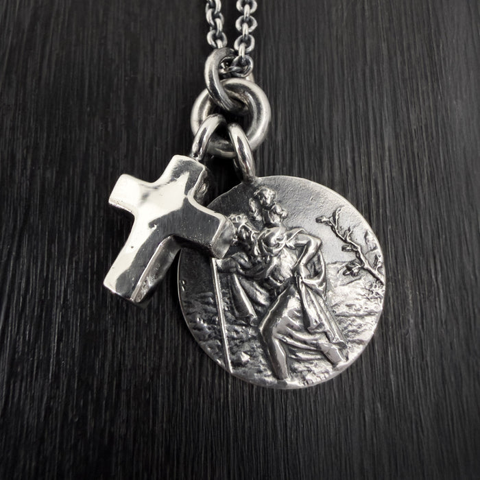 Oxidised Sterling Silver St Christopher & Cross Necklace