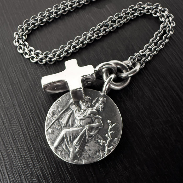 Oxidised Sterling Silver St Christopher & Cross Necklace