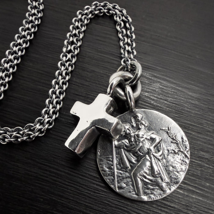 Oxidised Sterling Silver St Christopher & Cross Necklace