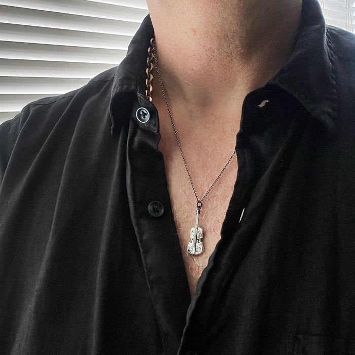 Oxidised / Silver Engraved Violin Necklace