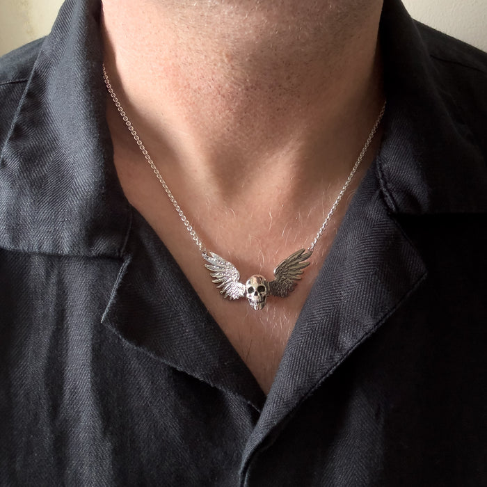 Solid Sterling Silver Winged Skull Pendant