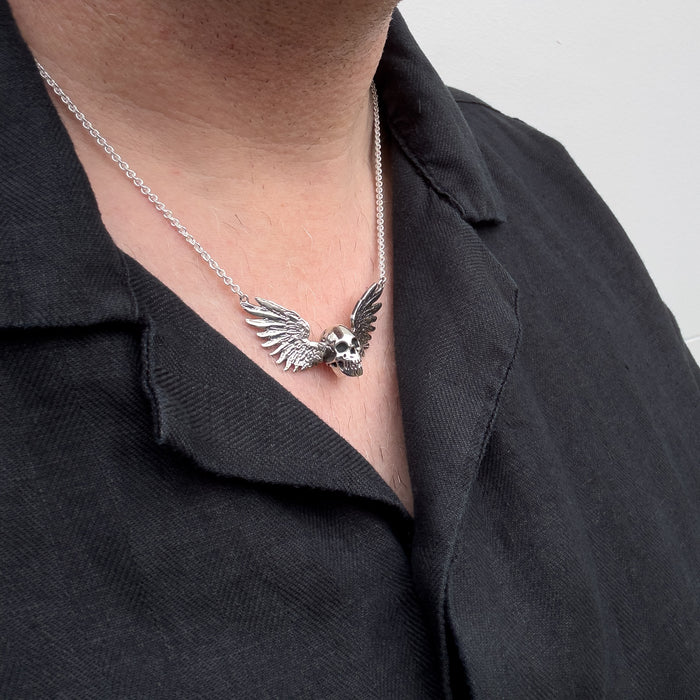Solid Sterling Silver Winged Skull Pendant