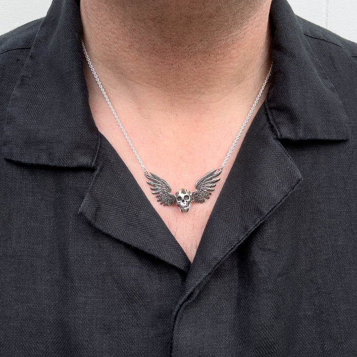 Solid Sterling Silver Winged Skull Pendant