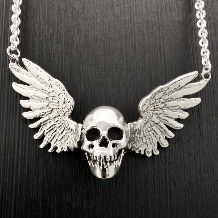 Solid Sterling Silver Winged Skull Pendant