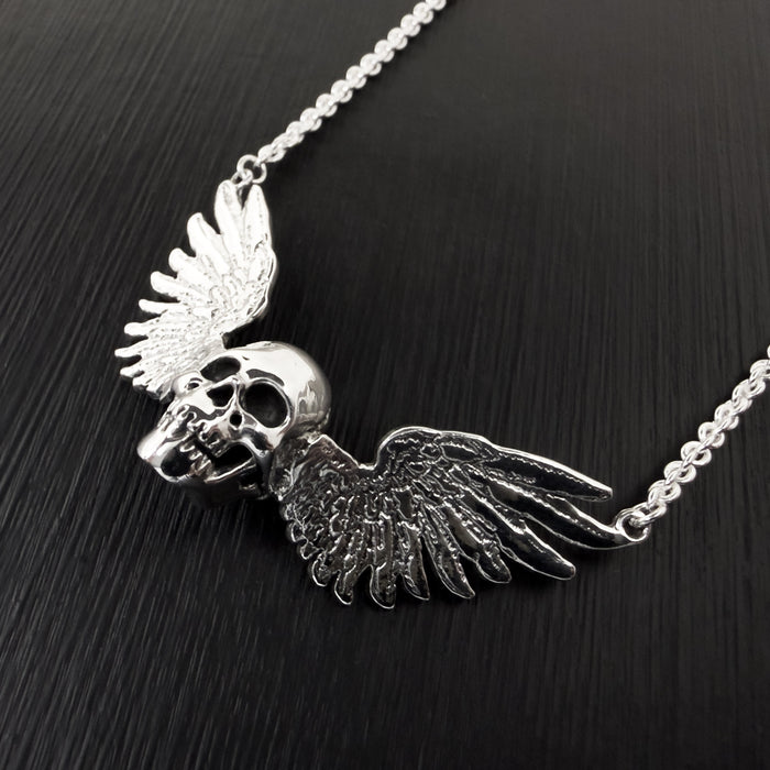 Solid Sterling Silver Winged Skull Pendant