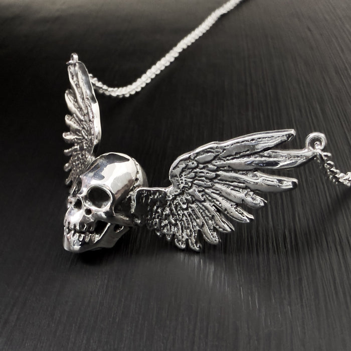 Solid Sterling Silver Winged Skull Pendant