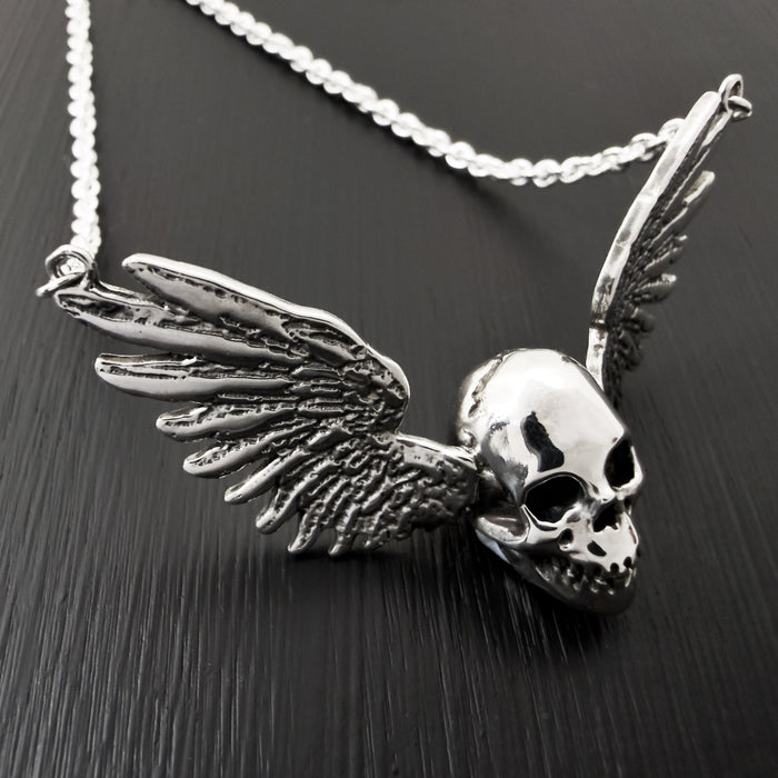 Solid Sterling Silver Winged Skull Pendant