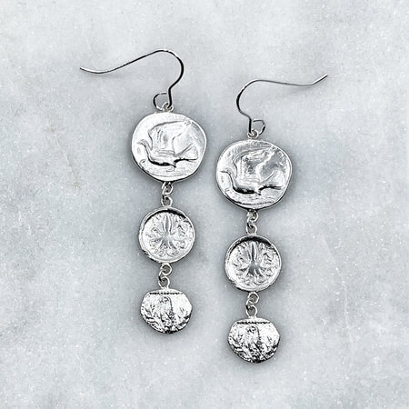 greek coin dangle drop earrings jewel thief Brighton