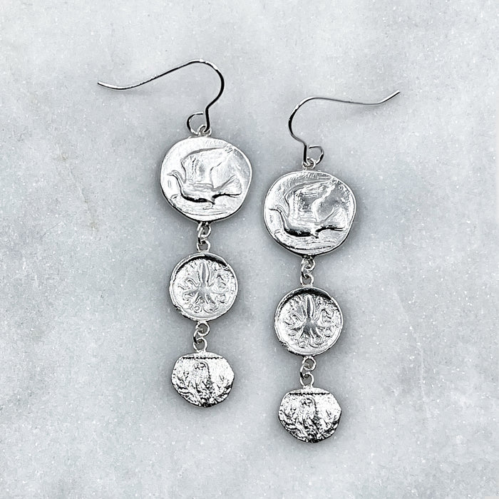 greek coin dangle drop earrings jewel thief Brighton