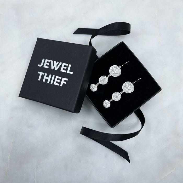 greek coin dangle drop earrings jewel thief Brighton