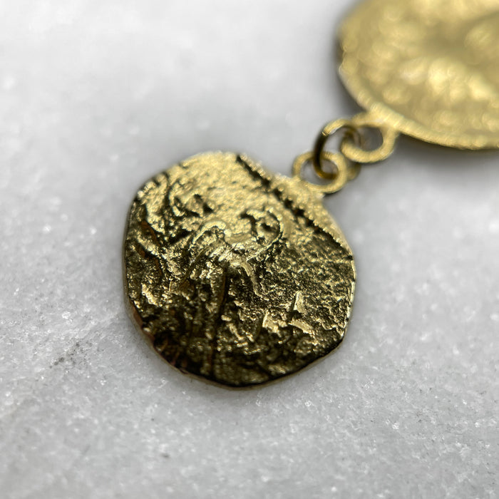 greek coin dangle drop earrings jewel thief Brighton