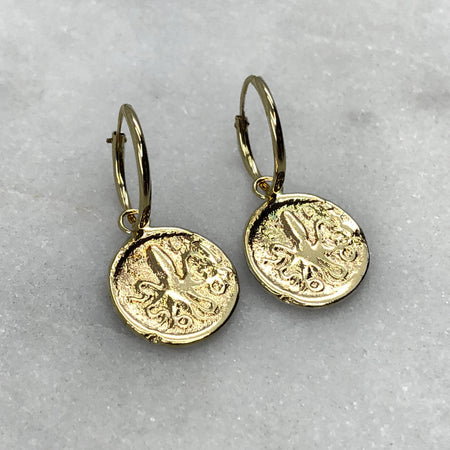 greek coin hoop drop earrings jewel thief Brighton
