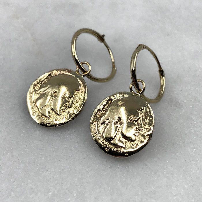 greek coin hoop drop earrings jewel thief Brighton
