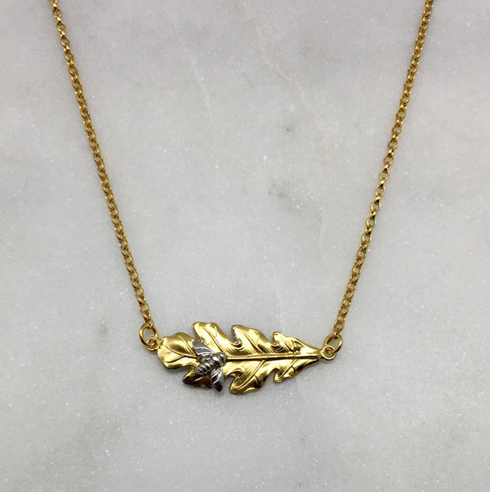 Gold Oak Leaf & Bee Necklace