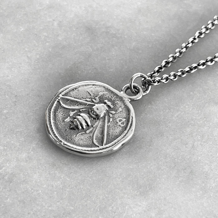 Silver Bee Coin Necklace, Ancient Pendant, Greek Coin Jewelry, Statement Pendant, Bee Jewelry