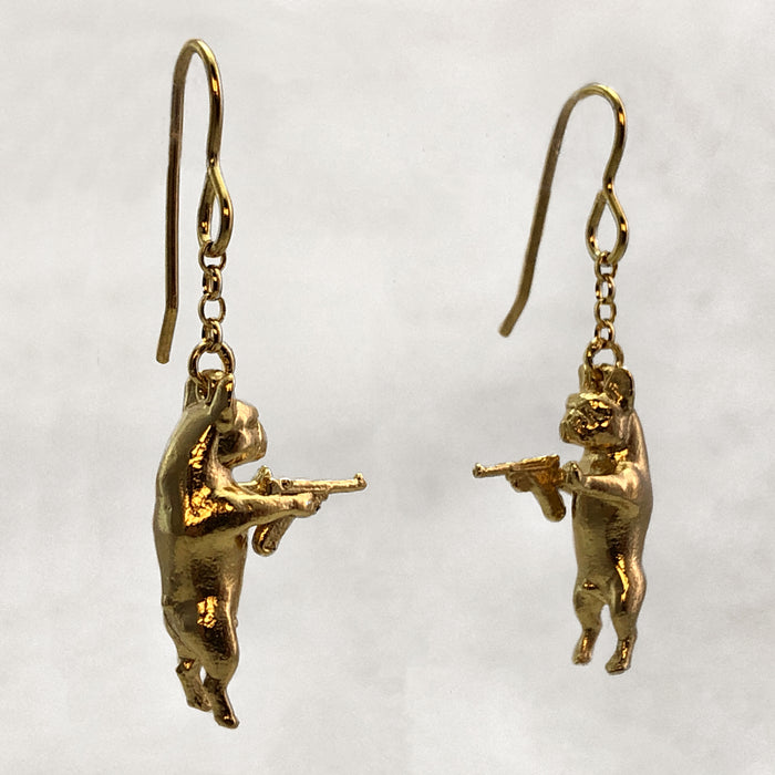 Gun Toting Frenchie Gold Earrings