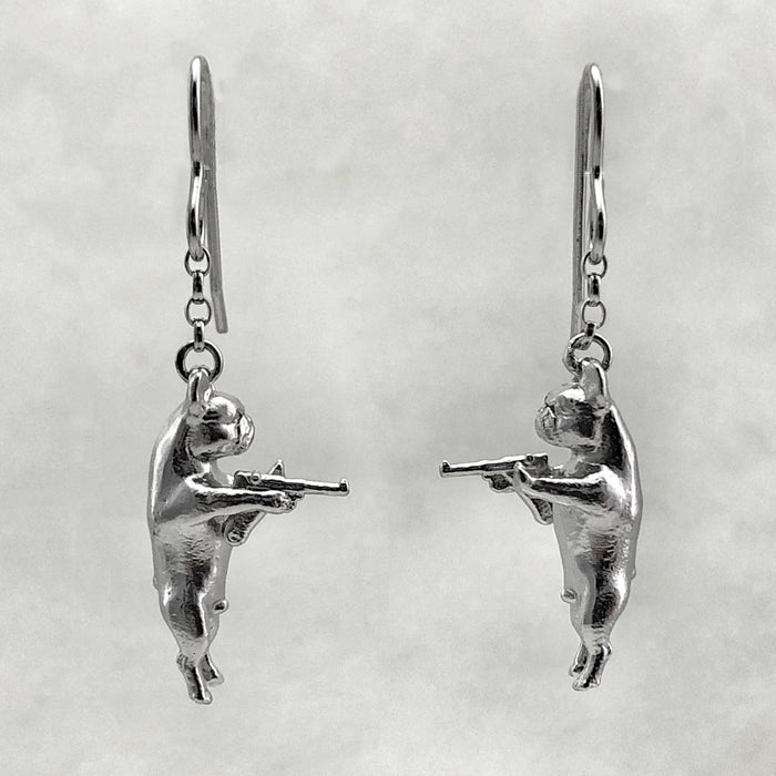 Gun Toting Frenchie Silver Earrings