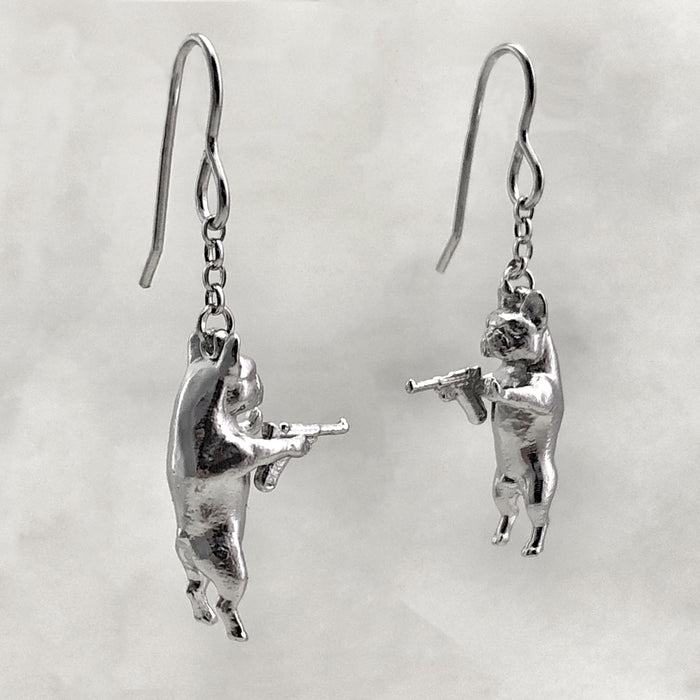 Gun Toting Frenchie Silver Earrings