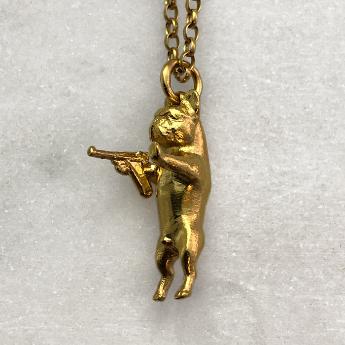 Gun Toting Frenchie Gold Necklace