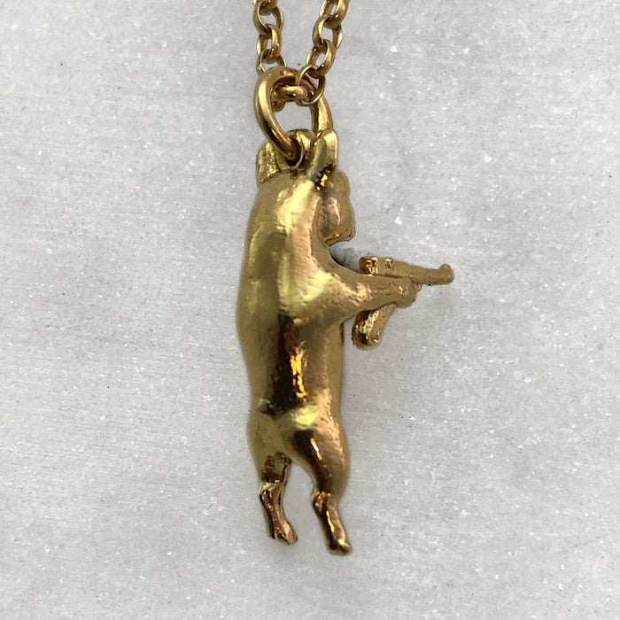 Gun Toting Frenchie Gold Necklace