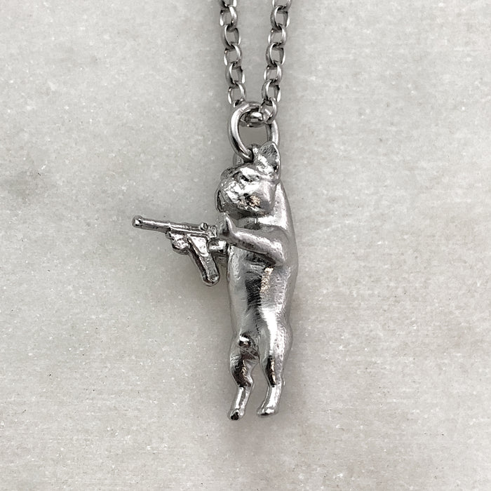 Gun Toting Frenchie Silver Necklace