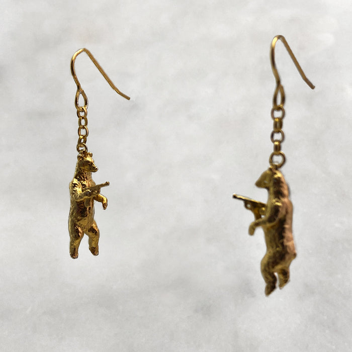 Gun Toting Grizzly Bear Gold Earrings