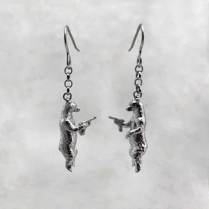 Gun Toting Grizzly Bear Silver Earrings