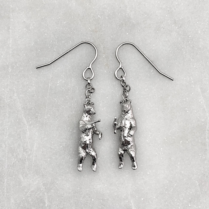 Gun Toting Grizzly Bear Silver Earrings