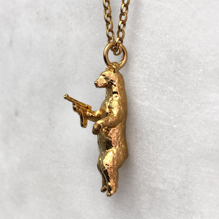 Gun Toting Grizzly Bear Gold Necklace